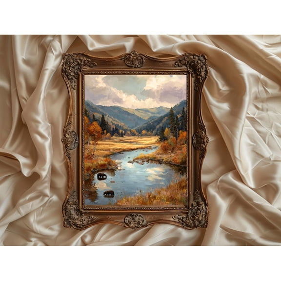 Autumn Family Walk Poster Wall Art, Rustic Fall Landscape, Sunset In Woods, Cozy Cottagecore Decor, Home Print Artwork 1476, Unframed Canvas Size 24x36 F03.1.22l1911