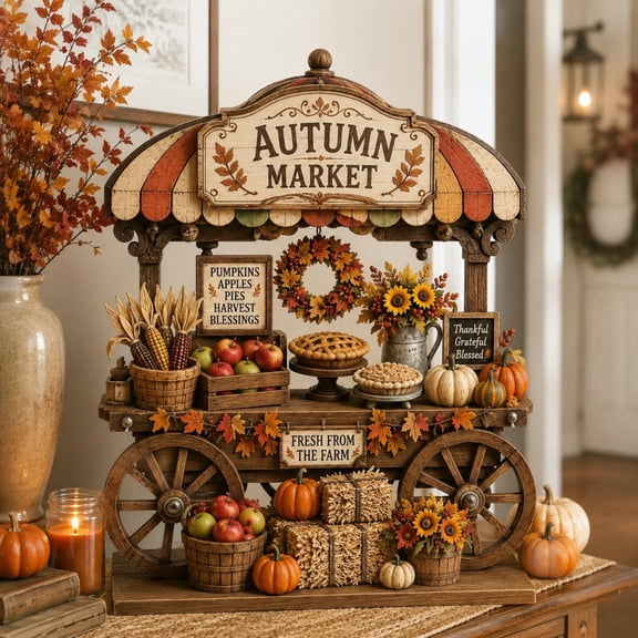 Autumn Farm Cart Wooden Block Sign, Fall Market Stand Decor, Pumpkin Apples Pies Sunflower Harvest Shelf Mantel Tray Gift Home Decor, 2D Flat
