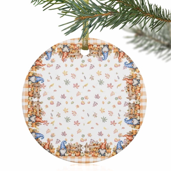 Autumn Farm Gnome Pumpkin Maple Leaf Christmas Ceramic Ornament 2025,3" Round Xmas Tree Hanging Accessories with Ribbon,Wooden Fence Orange Check Pendant Ornaments for Holiday Gift Home Party Decor