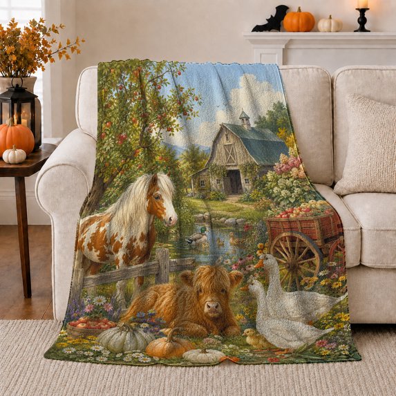 Autumn Farm Harvest Animals Country Lifestyle, Rustic Farmhouse Horse Scene, Warm Flannel Blanket for Ranch House and Living Room, Horse Lovers Thanksgiving Gift, Rustic Home Decor