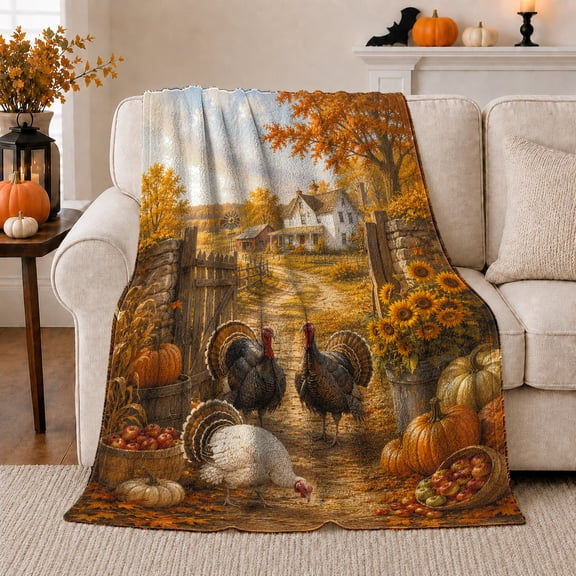 Printed Flannel Throw Blanket with Autumn Farm Harvest Scene Turkeys Sunflowers