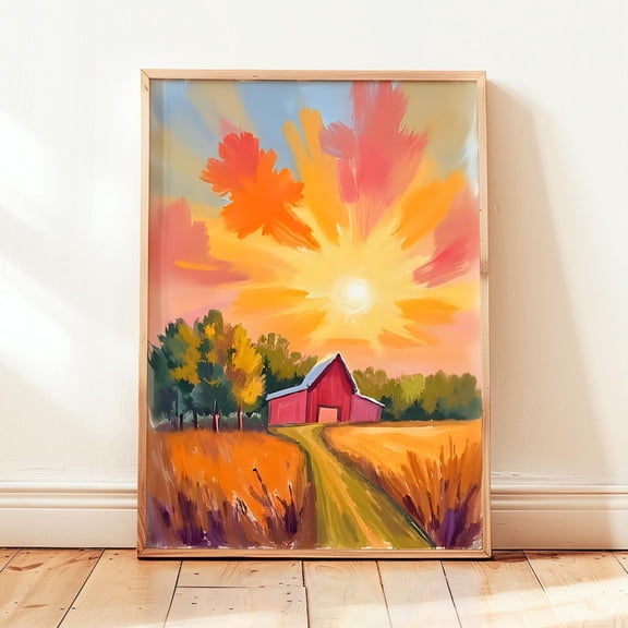 Autumn Farm Sunset Wall Art Poster, Peaceful Rural Barn Scene In Golden And Orange Sky, Fall Evening Landscape, Unframed Poster Size 8x12