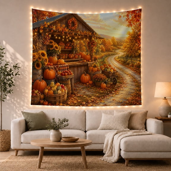 Autumn Farm and Pumpkin Landscape Tapestry