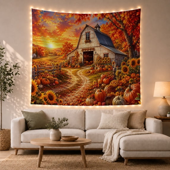 Autumn Farm and Pumpkin Landscape Tapestry