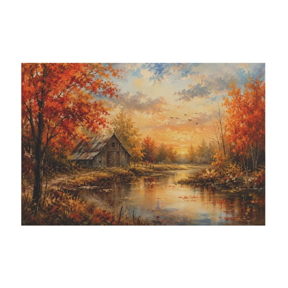 Autumn Farmhouse Barn Lake Landscape Canvas Wall Art Rustic Country Nature Decor For Living Room Bedroom Kitchen Office 16x24in