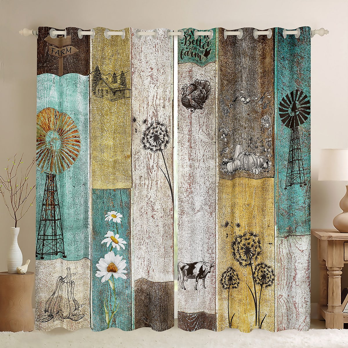 Autumn Farmhouse Blackout Curtains,Fall Pumpkin Thanksgiving Curtains 42"Wx63"L Cow Windmill ...