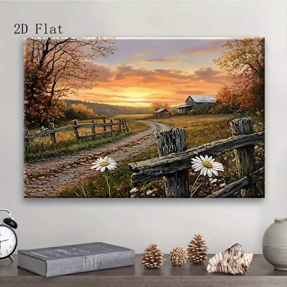 Autumn Farmhouse Country Road Daisy Sunset Landscape Wall Art Print, Seasonal Living Room And Home Decor