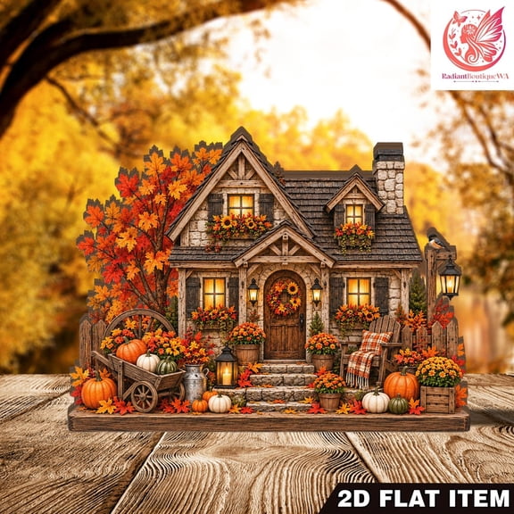 Autumn Farmhouse Home Wooden Block, Rustic Fall Cottage 2D Flat Scene