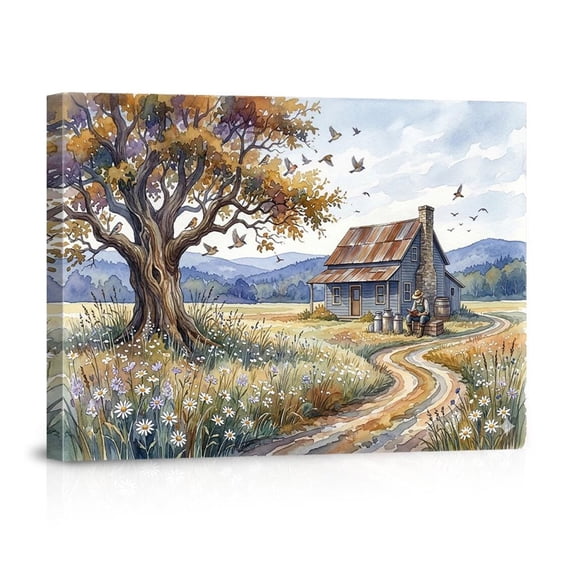 Autumn Farmhouse Old Tree Man Reading Rustic Country For Home Living Room Canvas