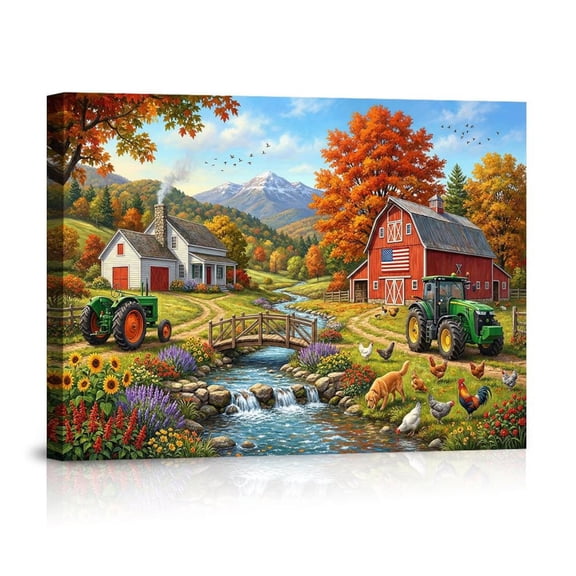 Autumn Farmhouse Red Barn Tractor Stream Scene Rustic Canvas