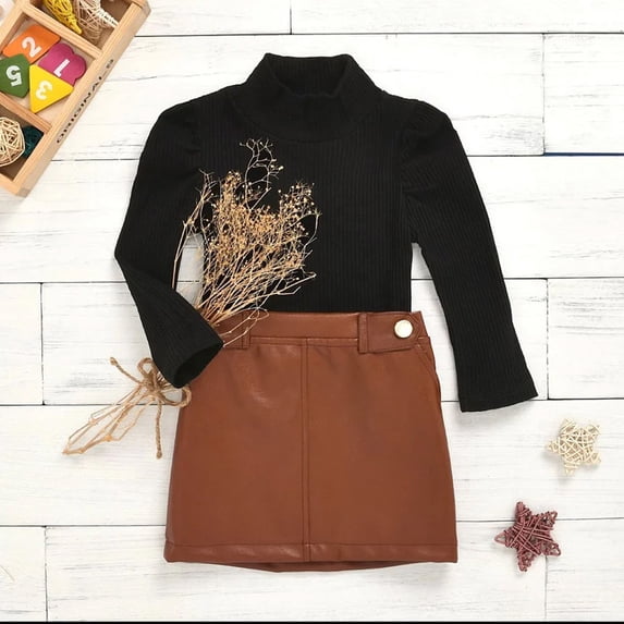 Autumn Fashion Kids Girls 2pcs Suits Outfits 2-6Y, Long Sleeve Solid Sweater Tops PU Leather Short Skirts