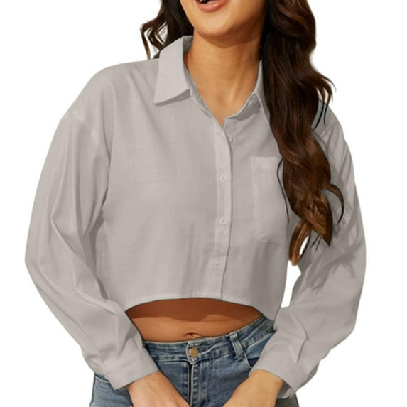 Autumn Fashion Losse Solid Color Short Top For Women Women Button down Shirt And Blouse Button up Linen Shirt Women Womens Blouse Button down Rayon Tops for Women Girls Three Quarter Sleeve Shirt