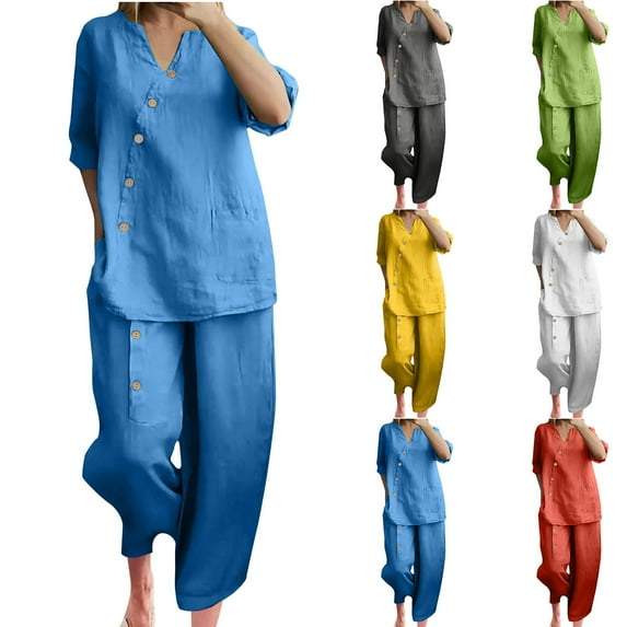 Autumn Fashion Plus Size Two Piece Sets for Women Loose Casual Solid Color Cotton Linen Three Quarter Sleeved Top Wide Leg Pants Two-piece Set Presents for Womens