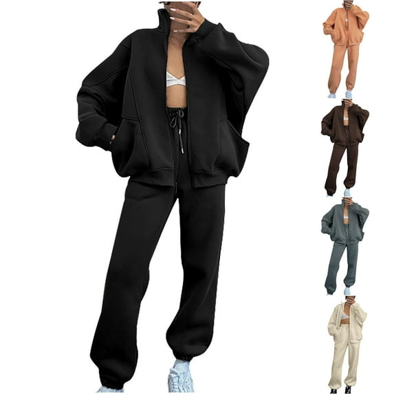 Autumn Fashion Plus Size Two Piece Sets for Women Solid Color Casual Zipper Round Neck Long Sleeved Hooded Sweatshirt Long Pants Set Gifts for Womens