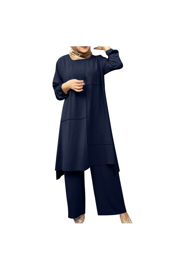 Autumn Fashion Plus Size Two Piece Sets for Women Spring Solid Color Muslim Solid Color Long Sleeve Shirt Coat Wide Leg Trousers Casual Suit Gifts for Womens