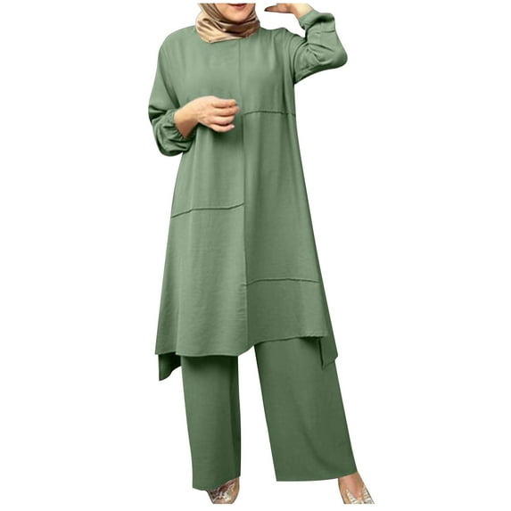 Autumn Fashion Plus Size Two Piece Sets for Women Spring Solid Color Muslim Solid Color Long Sleeve Shirt Coat Wide Leg Trousers Casual Suit Presents for Womens