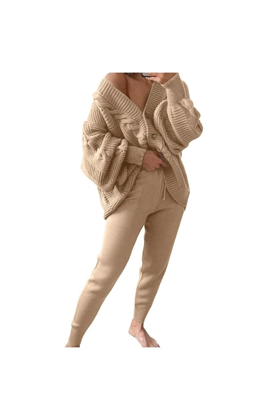 Autumn Fashion Plus Size Two Piece Sets for Women V-neck Solid Sweater Set Knitted Cardigan Coat Pants Two Piece Set Presents for Womens