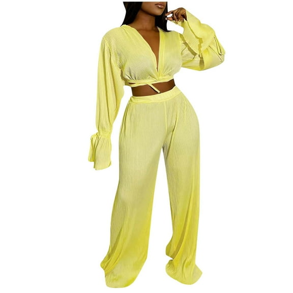 Autumn Fashion Plus Size Two Piece Sets for Women Casual V-Neck Bandage Long Sleeve Wrinkled Long Pant Set Gifts for Womens