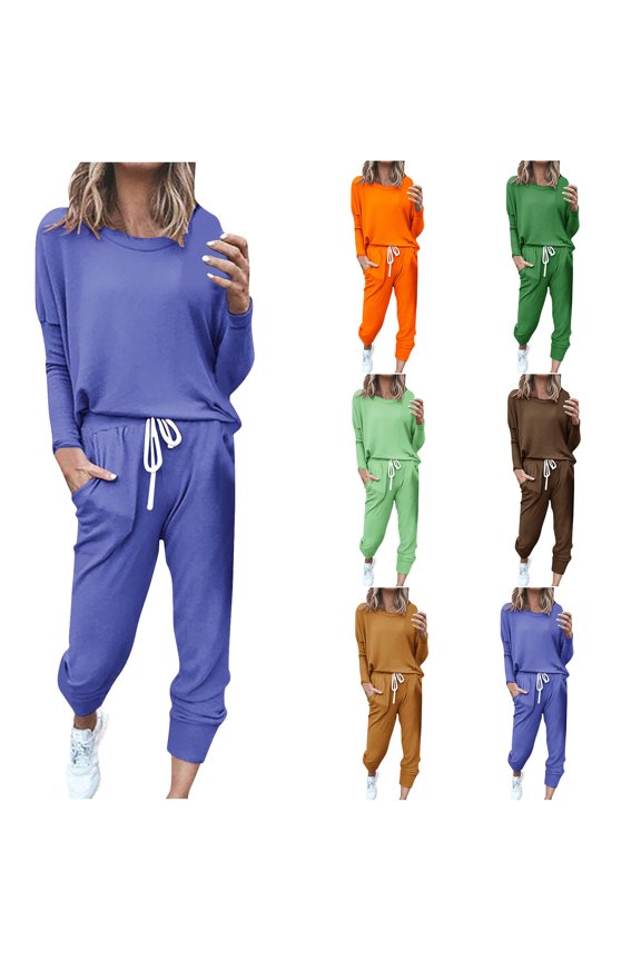 Autumn Fashion Plus Size Two Piece Sets for Women Solid Color Long Sleeve Sport Pullover Leisure Tops + Pants Set Gifts for Womens