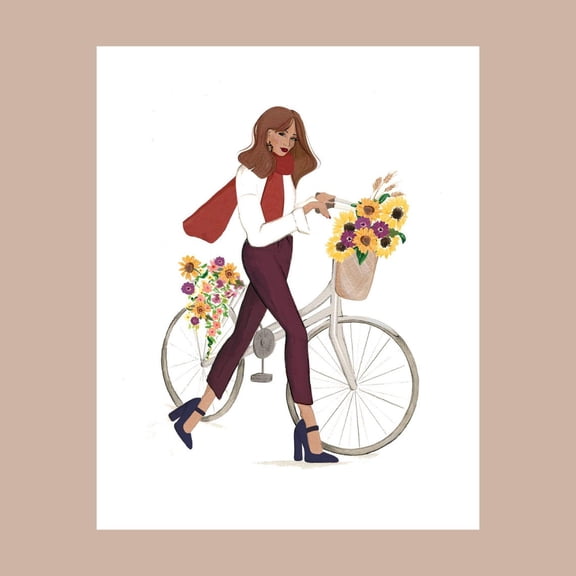 Autumn Fashion Poster Chic Woman with Bicycle, Fall Wall Art Poster Art Print Home Decor, Unframed Poster Size 8x12 F03.1.20l358