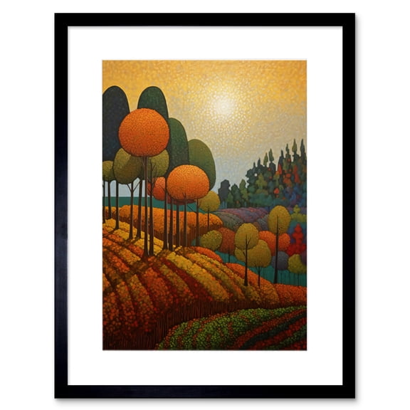 Autumn Fields Pointillism Painting Amber Orange Green Countryside Landscape Artwork Framed Wall Art Print 9X7 Inch