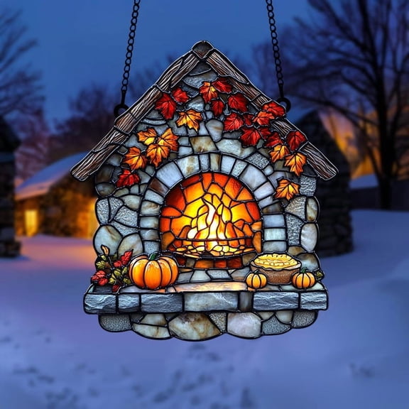 Autumn Fireplace Acrylic Suncatcher Cozy Stone Hearth Window Hanging with Pumpkins, Pie and Fall Leave, Warm Rustic Decor for Thanksgiving