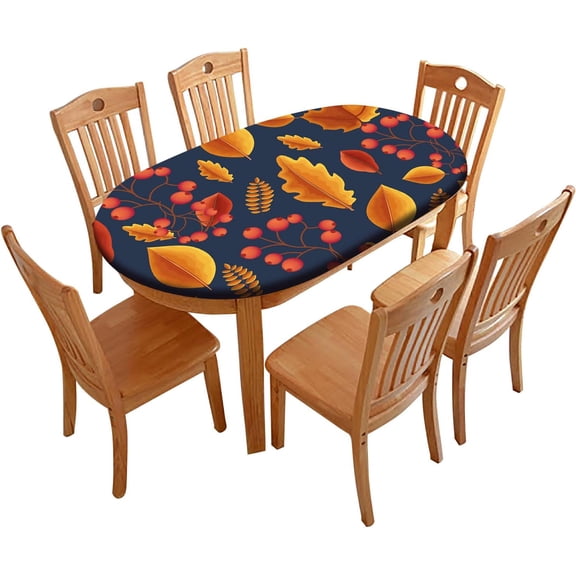 Autumn Fitted Oval Elastic Edge Tablecloth, Thanksgiving Maple Leaves Washable Spill Proof Table Cloth, Fits to Oblong 48" W X 68" L Table, for Indoor Outdoor Patio Picnic Holiday Use, Navy Blue