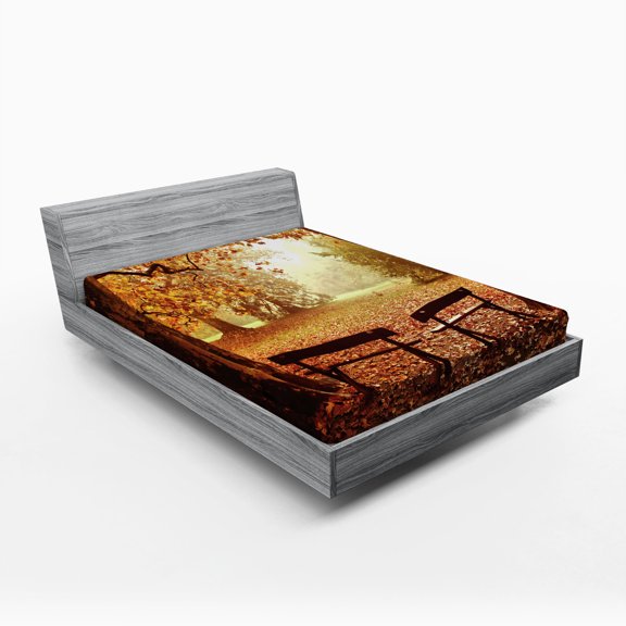 Autumn Fitted Sheet, Dramatic Scene with Fall Season Woodland and Wooden Old Benches Photo, Soft Decorative Fabric Bedding, Full Size, Multicolor, by Ambesonne