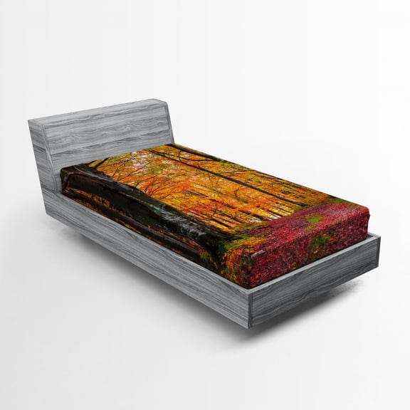 Autumn Fitted Sheet, Fall Forest Shady Deciduous Trees and Faded Leaf Magic Woodland Picture, Soft Decorative Fabric Bedding, Twin XL Size, Apricot Brown Red, by Ambesonne