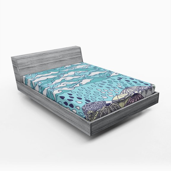 Autumn Fitted Sheet, Funky Overcast Day Cumulus Clouds Like Sea Wave Floating Wet on Umbrella, Soft Decorative Fabric Bedding, Full Size, Blue Purple, by Ambesonne
