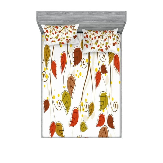 Autumn Fitted Sheet & Pillow Sham Set, Branches with Fall Leaves Seasonal Colors Nature Environment Foliage, Decorative Printed 6 Piece Bedding Decor Set, King, Burnt Sienna Brown Green, by Ambesonne