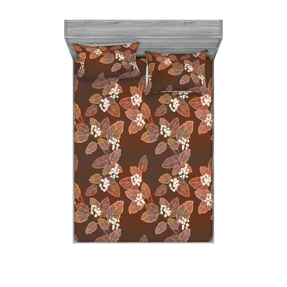 Autumn Fitted Sheet & Pillow Sham Set, Fall Season Inspirations with Leaves and Tiny White Flowers Repetition, Decorative Printed 3 Piece Bedding Decor, Calking, Redwood and Pale Maroon, by Ambesonne