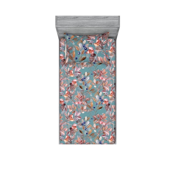 Autumn Fitted Sheet & Pillow Sham Set, Fall Theme Watercolor Style Minimalistic Leaves Dog Rose Fruits Art, Decorative Printed 2 Piece Bedding Decor, Twinxl, Pastel Pink and Dark Violet, by Ambesonne