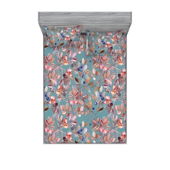 Autumn Fitted Sheet & Pillow Sham Set, Fall Theme Watercolor Style Minimalistic Leaves Dog Rose Fruits Art, Decorative Printed 3 Piece Bedding Decor, Full, Pastel Pink and Dark Violet, by Ambesonne