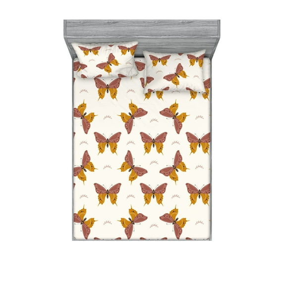 Autumn Fitted Sheet & Pillow Sham Set, Neutral Colors Boho Moth Pattern Cottagecore Simple Design Artwork, Decorative Printed 3 Piece Bedding Decor, Full, Pale Coffee and Pale Maroon, by Ambesonne