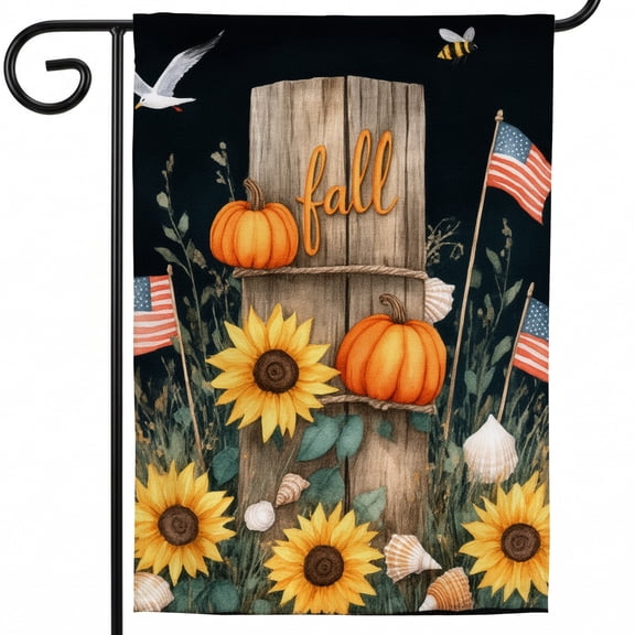 Autumn Flag 28 x 40 Inches a painting of pumpkins and sunflowers on a wooden post Fall Decor Front Porch