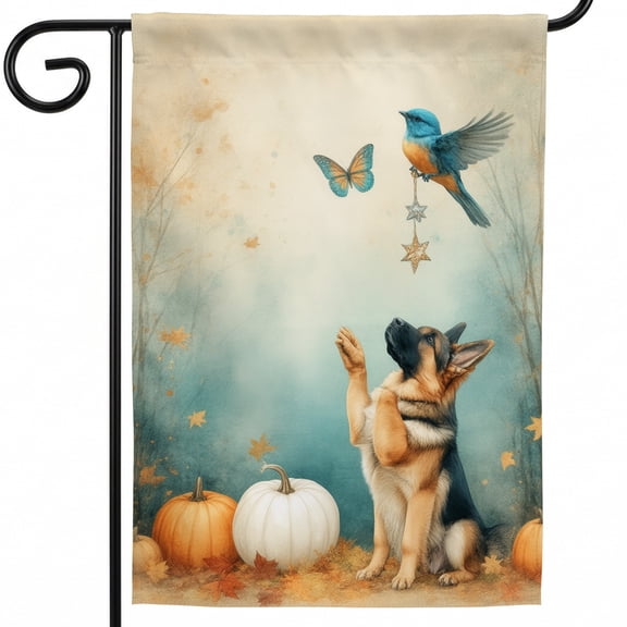 Autumn Flag 28x40 A dog sitting in front of a blue bird and a butterfly Fall Decor for Yard