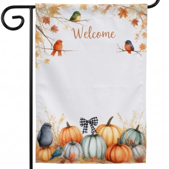 Autumn Flags 28 x 40 A welcome sign with pumpkins and birds sitting on a branch Autumn Outdoor Decor