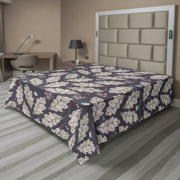 Autumn Flat Sheet, Abstract Lobed Leaves Flowers and Berries Pattern Natural Art, Soft Comfortable Top Sheet Decorative Bedding 1 Piece, 6 Sizes, Dark Purple Pearl, by Ambesonne