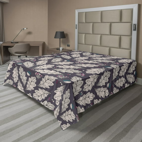 Autumn Flat Sheet, Abstract Lobed Leaves Flowers and Berries Pattern Natural Art, Soft Comfortable Top Sheet Decorative Bedding 1 Piece, 6 Sizes, Dark Purple Pearl, by Ambesonne