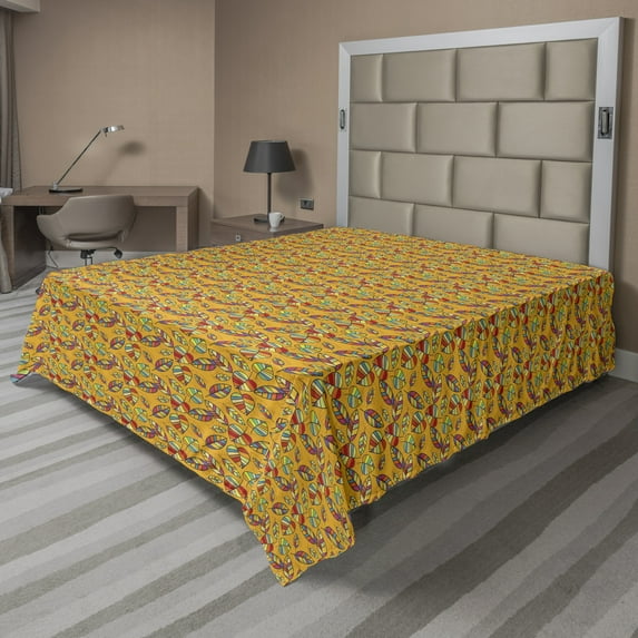 Autumn Flat Sheet, Colorful Falling Leaves Oak Maple Chestnut Tree Branches Nursery Cartoon, Soft Comfortable Top Sheet Decorative Bedding 1 Piece, 6 Sizes, Orange and Multicolor, by Ambesonne
