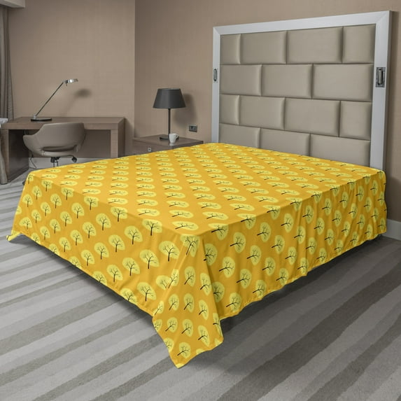 Autumn Flat Sheet, Fall Season Willow Trees Pattern Fall Woodland Beauty Harvest Kids Graphic, Soft Comfortable Top Sheet Decorative Bedding 1 Piece, 6 Sizes, Yellow and Orange, by Ambesonne