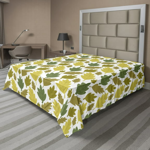 Ambesonne Autumn Flat Sheet, Scattered Fall Time Leaves, King Size, White Mustard Fawn