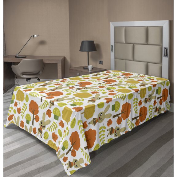 Ambesonne Autumn Flat Sheet, Tree Foliage Rabbits Art, TwinXL Size, White Pale Vermilion