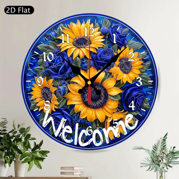 Autumn Floral Bird Hello Round Wall Clock Rustic Farmhouse Decor Silent