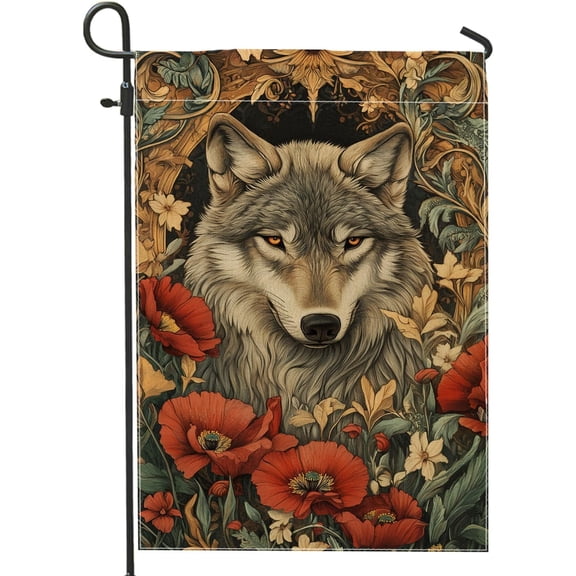 Autumn Floral Garden Flag with Gray Wolf Portrait and Red Poppies, Double Sided Rustic Yard Flag, Outdoor Lawn Decoration, 12 x 18 Inch