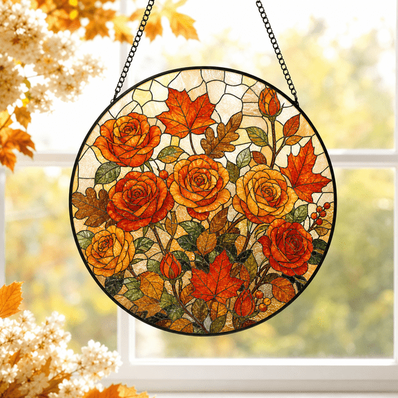 Autumn Floral Glass Suncatcher Rose Window Hanging with Fall Leaves, Stained Glass Style