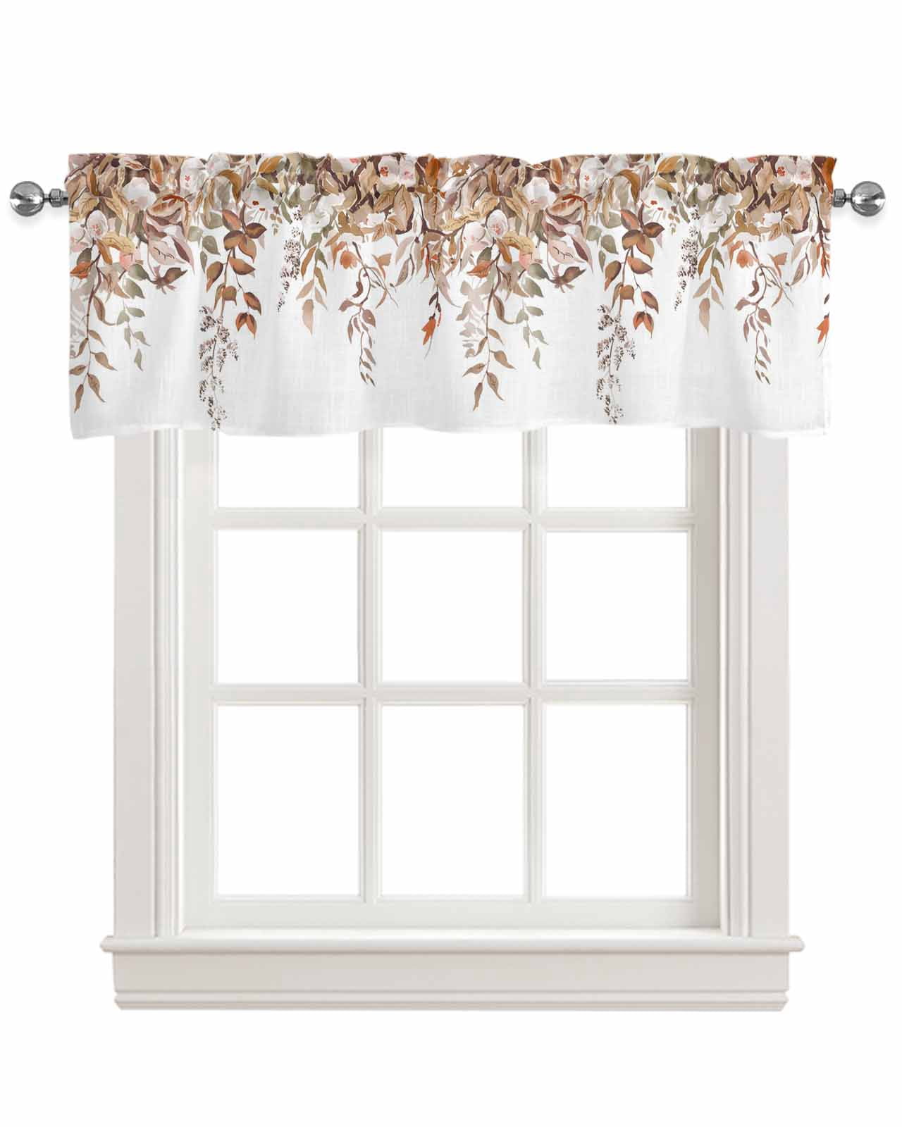 Autumn Floral Kitchen Valances for Windows Farmhouse Linen Window Valance Curtain for Living Room Window Treatment Farmhouse Vintage Botanical Leaves Valance Rod Pocket Topper Drape, 60 x 18 Inch