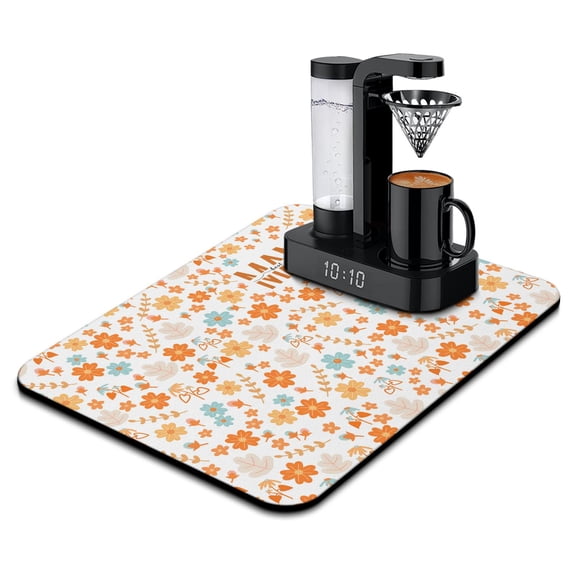Autumn Floral Leaf Orange Drying Mat Heat Resistant Coffee Mat Collapsible Kitchen Drying Mat for Shop Countertops 18x24 Inches