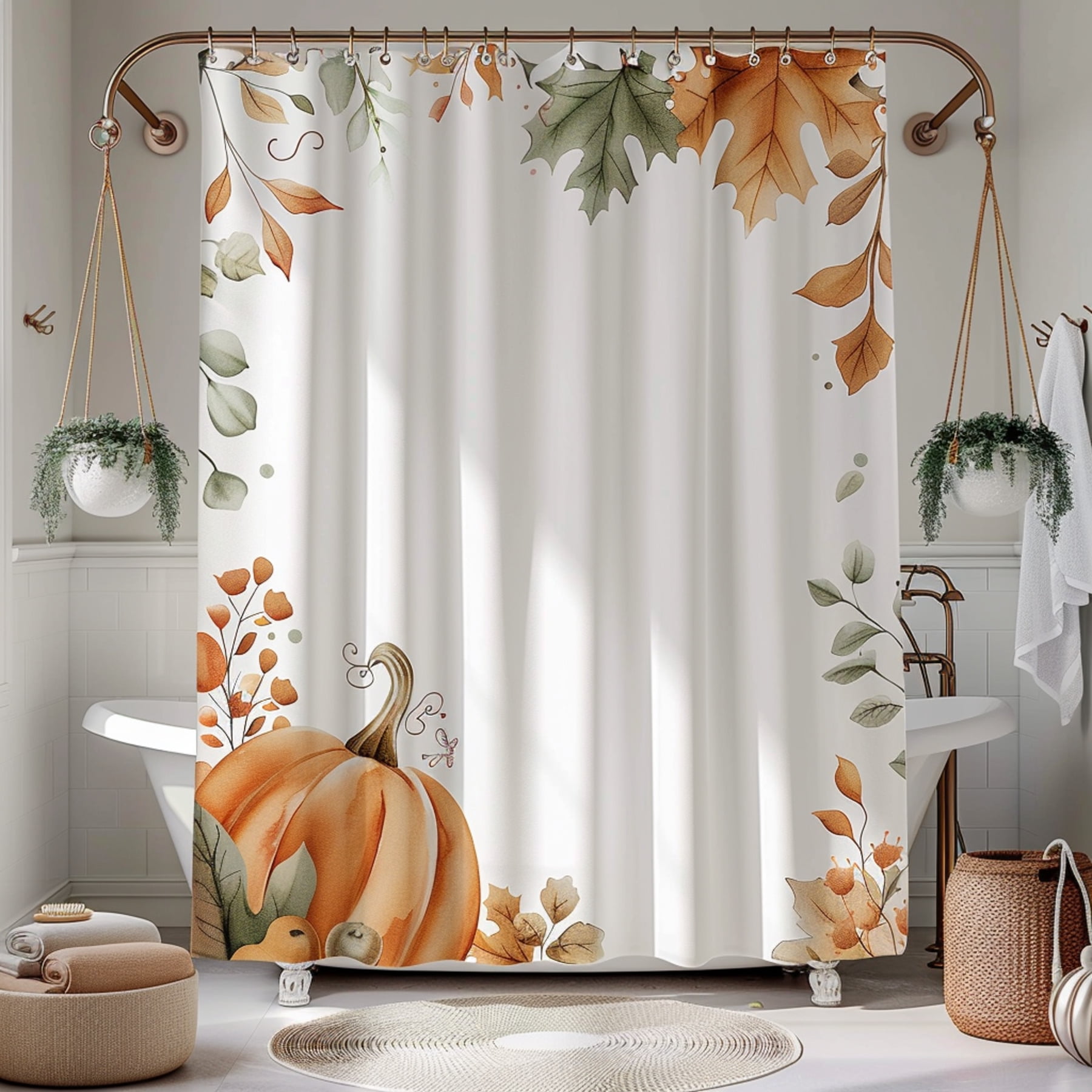 Autumn Floral Pumpkin Shower Curtain White and Orange Watercolor Design